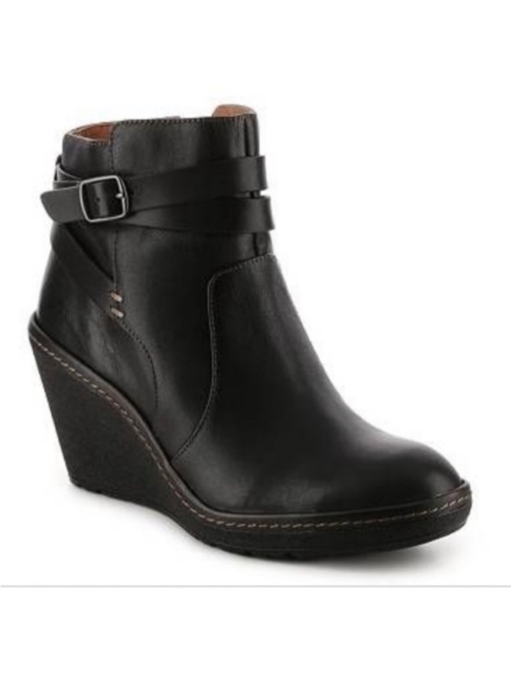 Sofft Caralee Black Leather Wedge Ankle Boot with Buckle Straps